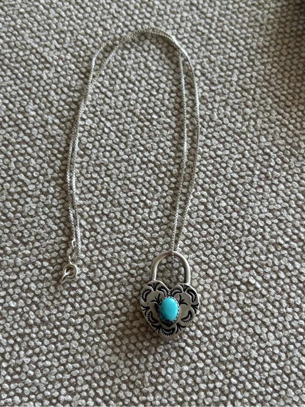 Silver Heart Padlock Necklace with Turquoise Stone